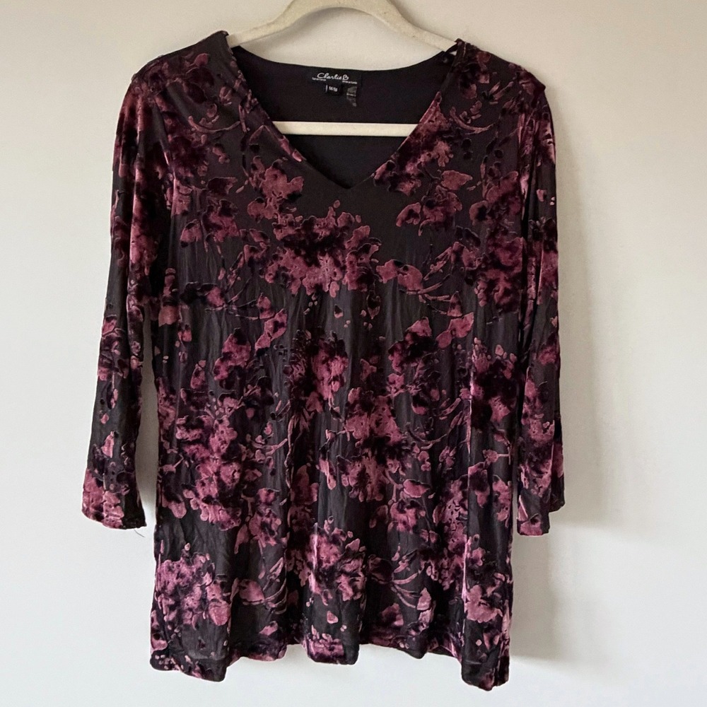 Charlie B Womens Burnout Velvet Floral V-Neck Top Plum Black 3/4 Sleeve Size M